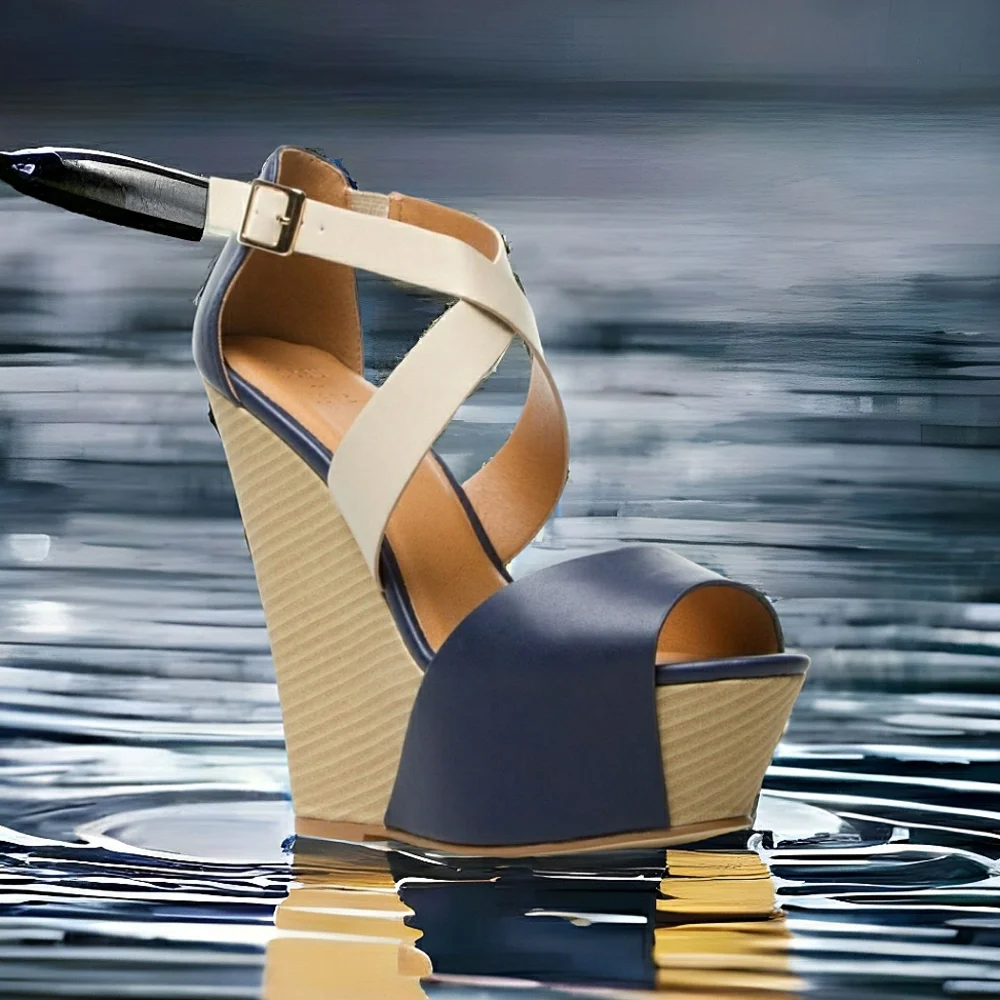 Beau & Ashe Bold High Wedge Leather Colorblock Strappy Minimalist Sandals 8.5